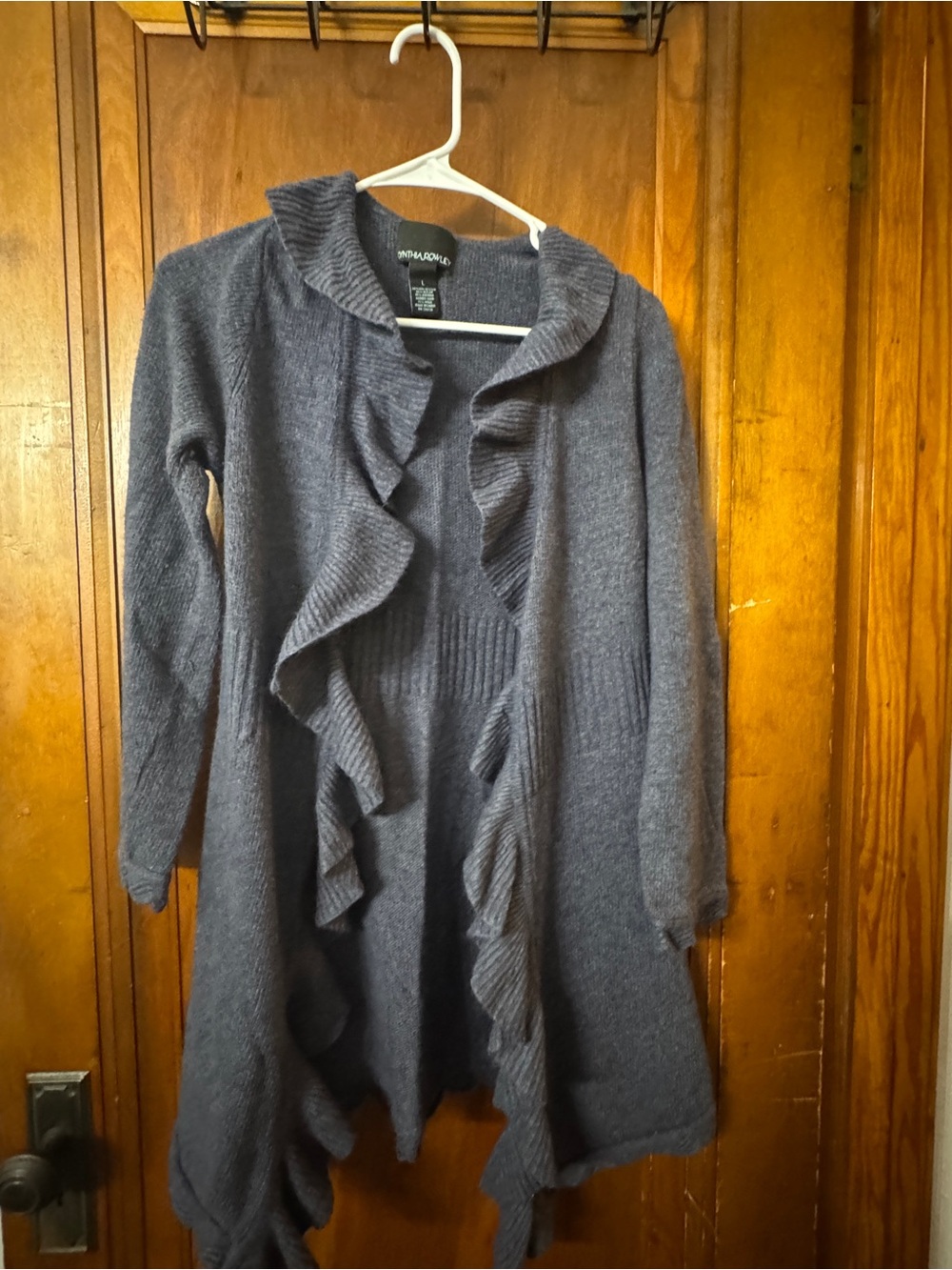 Cynthia Rowley Blue Gray Ruffle Open Front Long Duster Cardigan Sweater Size L
